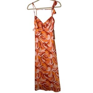 Emerald Sundae Retro Orange Print Ruffle Spaghetti Strap Midi Dress Medium New